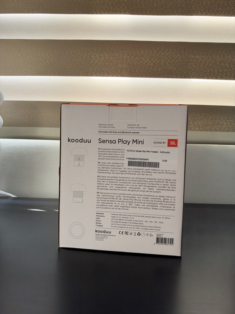 JBL Kooduu Sensa Play Mini Dimmable LED Lamp and Bluetooth Speaker (Category: Soundbars, Speakers & Amplifiers) located in Quezon City. Submitted by jensineg (Listing ID 1468925485, Image 2). Description: Specs • 10 Watts Full Range Speaker • Bluetooth 5.3 • up to 11 hours of play time* • 2600 mAh rechargeable battery • 4.0 hours charging time • 2900K color temperature • 150 Lumen • 0-100% stepless dimmer • USB-C charging dock inlcuded Dimentions