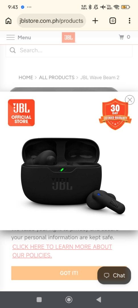 JBL Wave Beam 2 True Wireless Earbuds Black (Category: Earphones) located in Cebu City. Submitted by petegohan (Listing ID 1468721021, Image 3). Description: Brand new & sealed in original retail box - Color: Sleek Black - Active Noise Cancelling (ANC) with Smart Ambient & VoiceAware - Crystal clear calls powered by 4 microphones - Up to 40 hours total battery life with fast charging (one full charge 10H to 8H with ANC) - IP54 water and dust resi