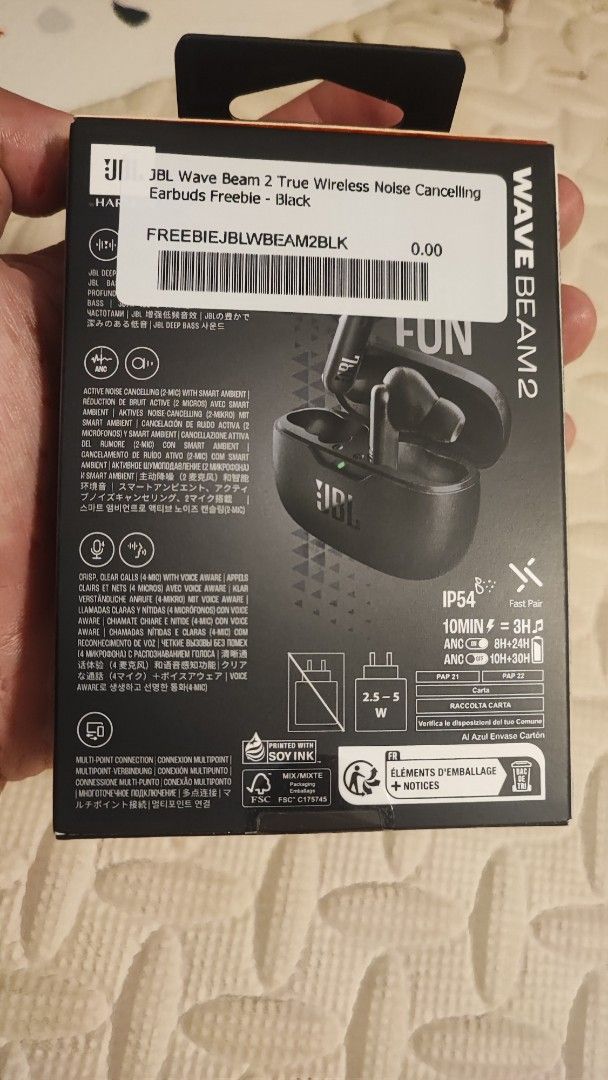 JBL Wave Beam 2 True Wireless Earbuds Black (Category: Earphones) located in Cebu City. Submitted by petegohan (Listing ID 1468721021, Image 2). Description: Brand new & sealed in original retail box - Color: Sleek Black - Active Noise Cancelling (ANC) with Smart Ambient & VoiceAware - Crystal clear calls powered by 4 microphones - Up to 40 hours total battery life with fast charging (one full charge 10H to 8H with ANC) - IP54 water and dust resi