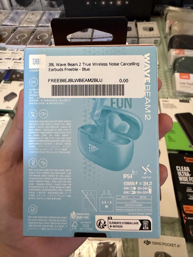 JBL Wave Beam 2 True Wireless Noise Cancelling Earbuds (Category: Earphones) located in Quezon City. Submitted by law.1789 (Listing ID 1468880831, Image 2). Description: SRP - 3799 Sale Price - 1350 JBL Wave Beam 2 True Wireless Earbuds - Color: Blue - Condition: Brand new, factory sealed (unopened freebie) - Active Noise Cancelling (ANC) with Smart Ambient mode - 4-mic technology for crisp, clear calls - Up to 40 hours total battery life with fa