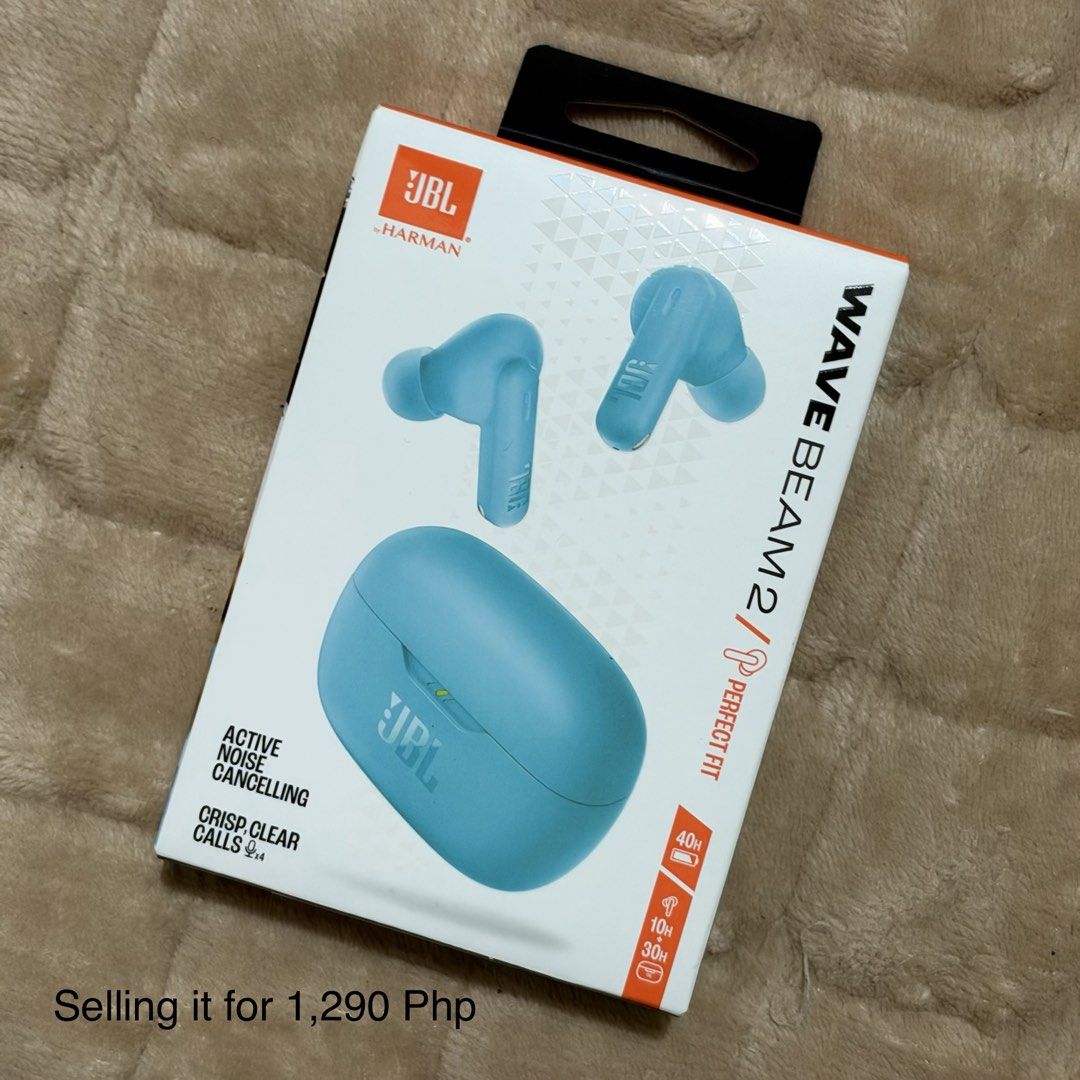 JBL Wave Beam 2 True Wireless Noise Cancelling Earbuds (Category: Earphones) located in Manila. Submitted by tellemjayewolf (Listing ID 1468899451, Image 1). Description: - Brandnew JBL Wave Beam 2 True Wireless Earbuds in Blue - Active Noise Cancelling (ANC) with Smart Ambient technology - 4 built-in microphones for crisp and clear calls - IP54 dust and water resistance for daily active use - Massive 40 hours of total battery life with fast char