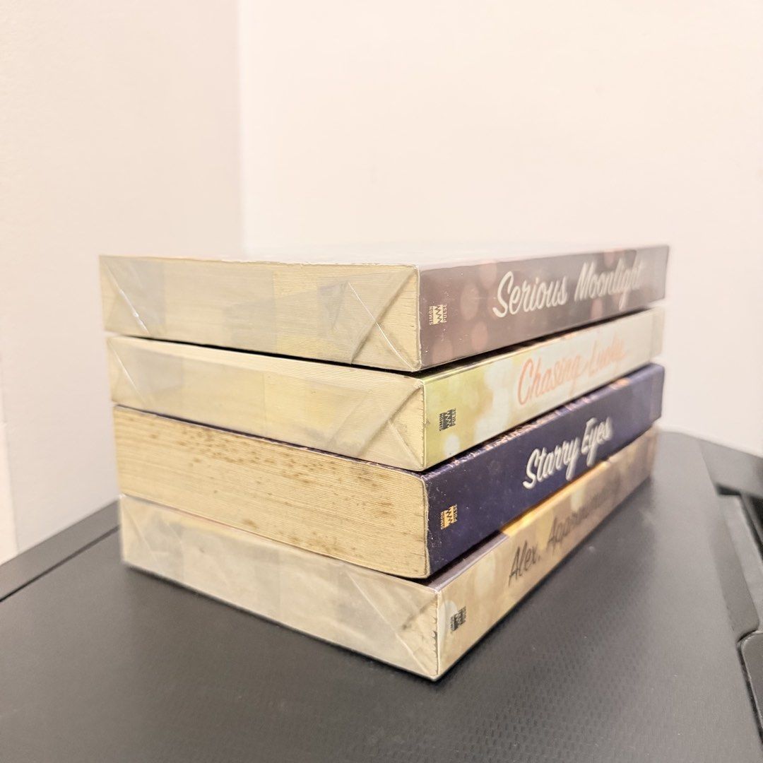 Jenn Bennett Book Bundle (Category: Storybooks) located in Quezon City. Submitted by wordsbymiss.r (Listing ID 1468875691, Image 3). Description: Decluttering❗️Price listed is a bundle price❗️ 📚Alex, Approximately 📚Starry Eyes 📚Chasing Lucky 📚Serious Moonlight Author: Jenn Bennett Authentic, not reprint ❌ actual photos posted! the books are preloved from my own collection. please check photos first and expect signs of use/ foxing/ dents on so