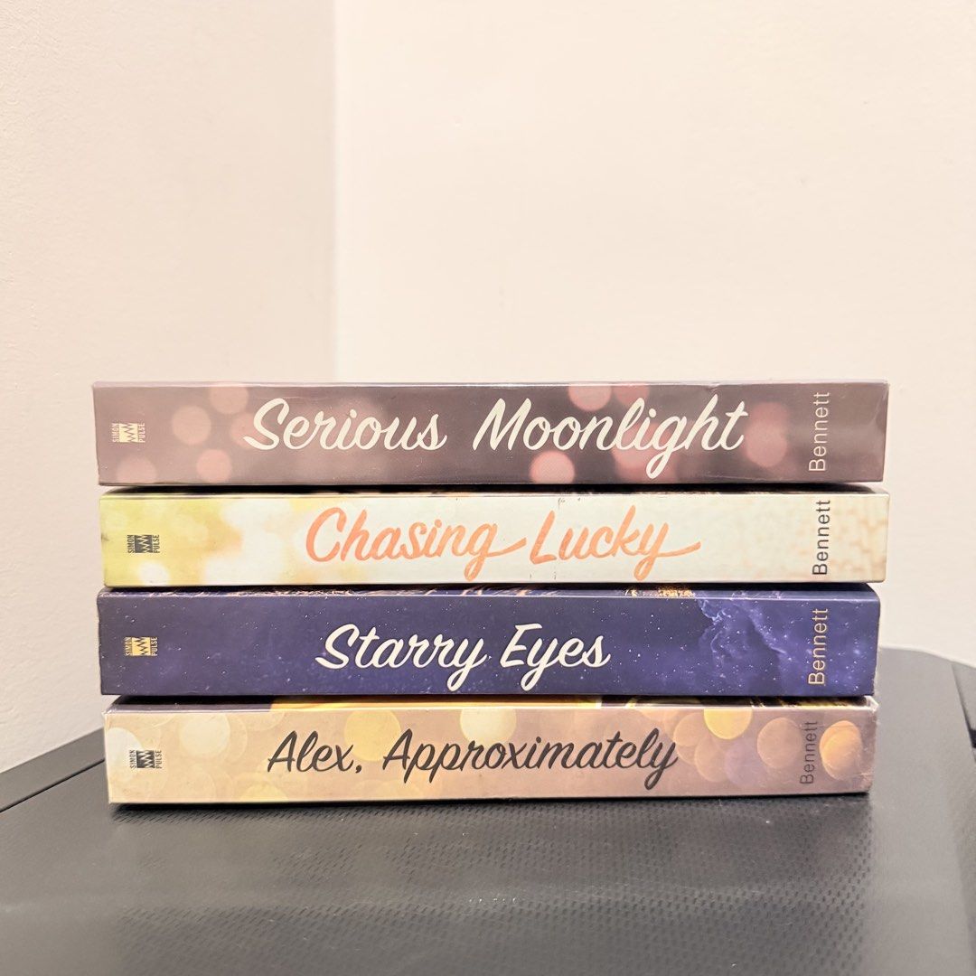 Jenn Bennett Book Bundle (Category: Storybooks) located in Quezon City. Submitted by wordsbymiss.r (Listing ID 1468875691, Image 1). Description: Decluttering❗️Price listed is a bundle price❗️ 📚Alex, Approximately 📚Starry Eyes 📚Chasing Lucky 📚Serious Moonlight Author: Jenn Bennett Authentic, not reprint ❌ actual photos posted! the books are preloved from my own collection. please check photos first and expect signs of use/ foxing/ dents on so