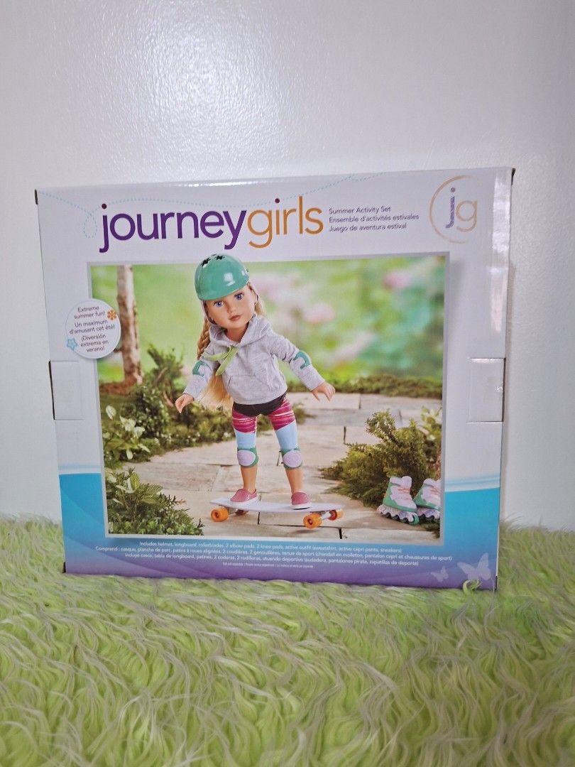 Journey Girls Summer Activity Accessories Set - (Category: Kids Toys) located in Manila. Submitted by happywindmarlyn (Listing ID 1468743851, Image 1). Description: - Journey Girls Summer Activity Set for 18-inch dolls - Included : * * * Active Outfit: Grey hoodie sweatshirt & active capri pants. *** Pink slip-on sneakers. *** Protective Gear: 1 teal safety helmet, 2 elbow pads, & 2 knee pads. *** Vehicles: 1 longboard skateboard & 1 pair of mult