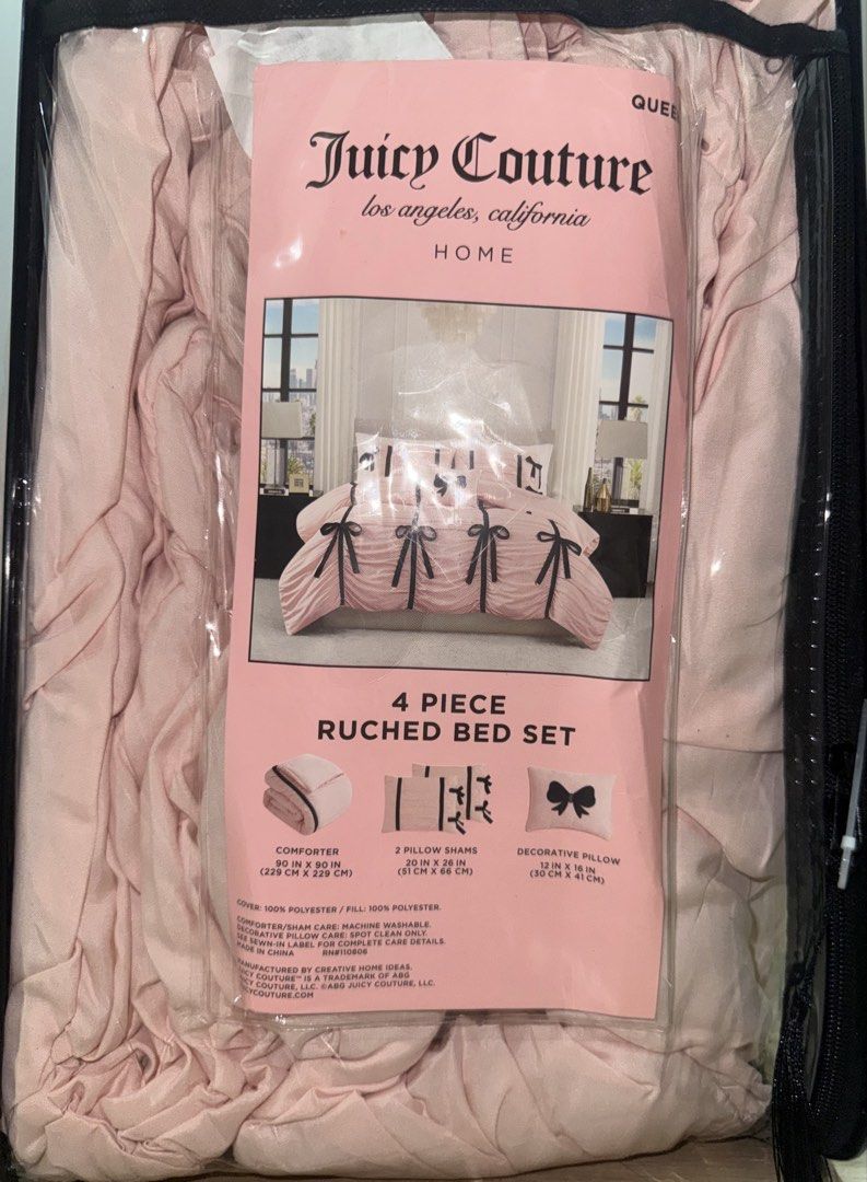 Juicy Couture Pink Comforter Set (Category: Bedding & Towels) located in Manila. Submitted by sheisdecluttering (Listing ID 1468926350, Image 3). Description: ORIGINAL FROM USA QUEEN SIZE BED LOC: PARAÑAQUE MOP: BPI LALAMOVE ONLY ❌ MEET UP .