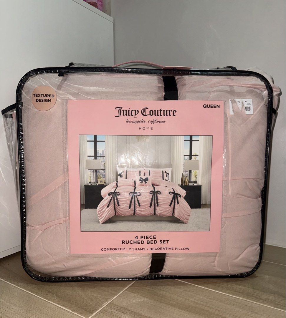Juicy Couture Pink Comforter Set (Category: Bedding & Towels) located in Manila. Submitted by sheisdecluttering (Listing ID 1468926350, Image 1). Description: ORIGINAL FROM USA QUEEN SIZE BED LOC: PARAÑAQUE MOP: BPI LALAMOVE ONLY ❌ MEET UP .