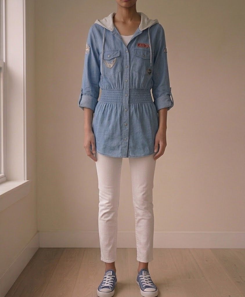 JUST G HOODED DENIM COAT JACKET (Category: Coats, Jackets and Outerwear) located in Marikina City. Submitted by minimalistmanila (Listing ID 1468755707, Image 1). Description: Just G soft denim jacket with removable hood. Fits medium. Order now! .