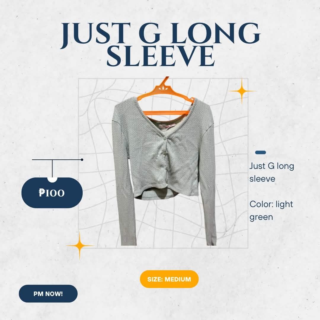 Just G Long Sleeve Light Green Medium (Category: Longsleeves) located in Manila. Submitted by drowsey (Listing ID 1468732109, Image 1). Description: - Brand/Item: Just G long sleeve top - Color: Light green - Size: Medium - Style: V-neck, button-down front, ribbed texture, cropped length - Versatility: Great everyday layering piece, easy to match with high-waisted jeans or skirts - Condition: Clean and ready to wear.