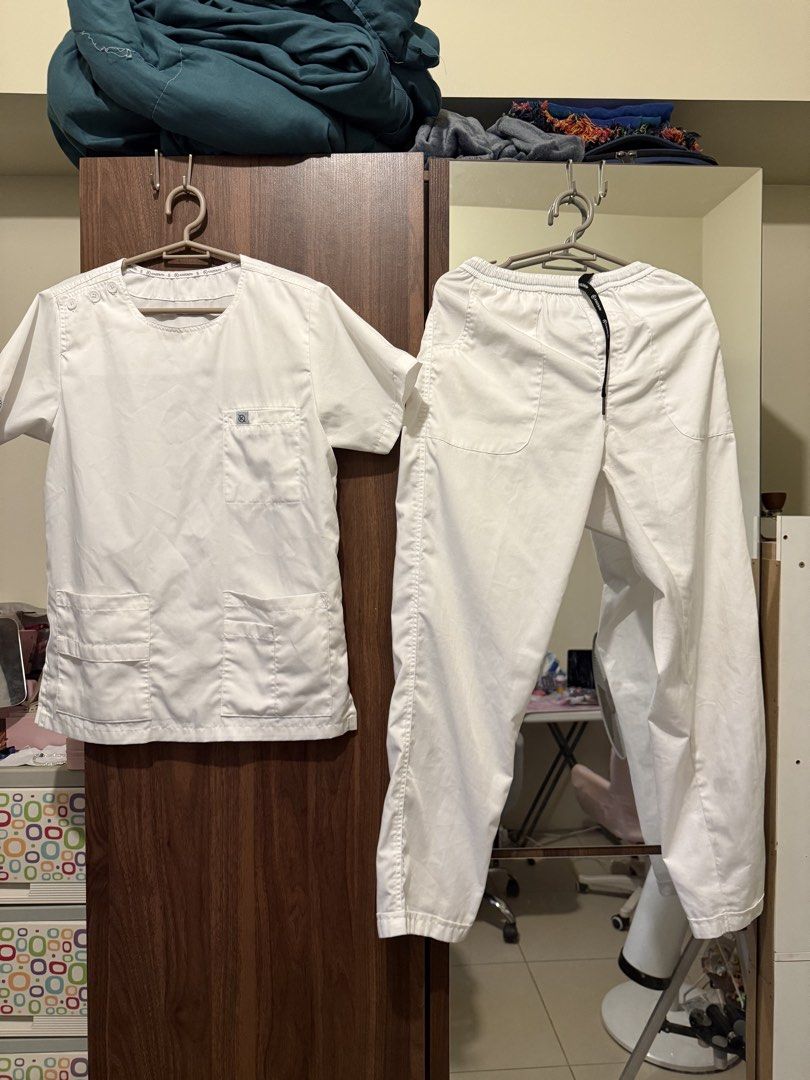 Kaizen PH White Scrub Suit Set - SMALL (Category: Sets or Coordinates) located in Quezon City. Submitted by joroguhi (Listing ID 1468804370, Image 1). Description: selling my preloved kaizen white scrub set - used for a training size SMALL color ALL WHITE bought for around 1.1k sa kaizenph website mismo blouse - round neck, with button design, with front pockets; 9/10 pants - with 2 front pockets, with 2 back pockets; garterized with strings; ‼️W