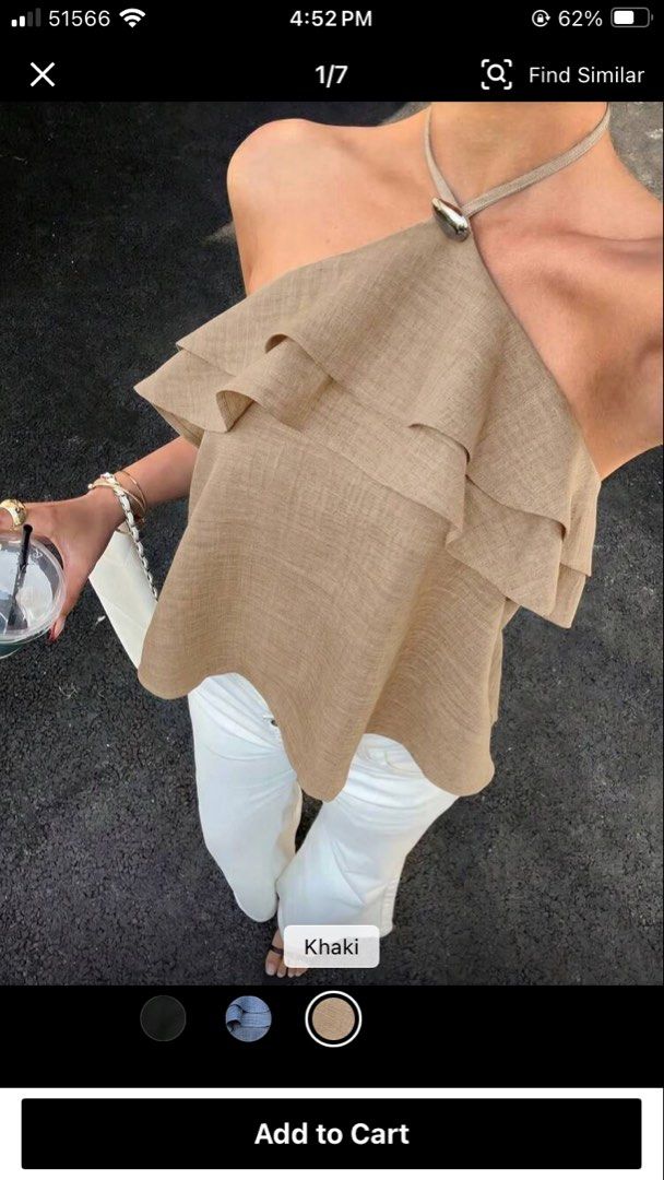 Khaki Halter Neck Ruffle Layered Crop Top (Category: Sleeveless) located in Obando. Submitted by beabadobee__ (Listing ID 1468794258, Image 1). Description: not used! .