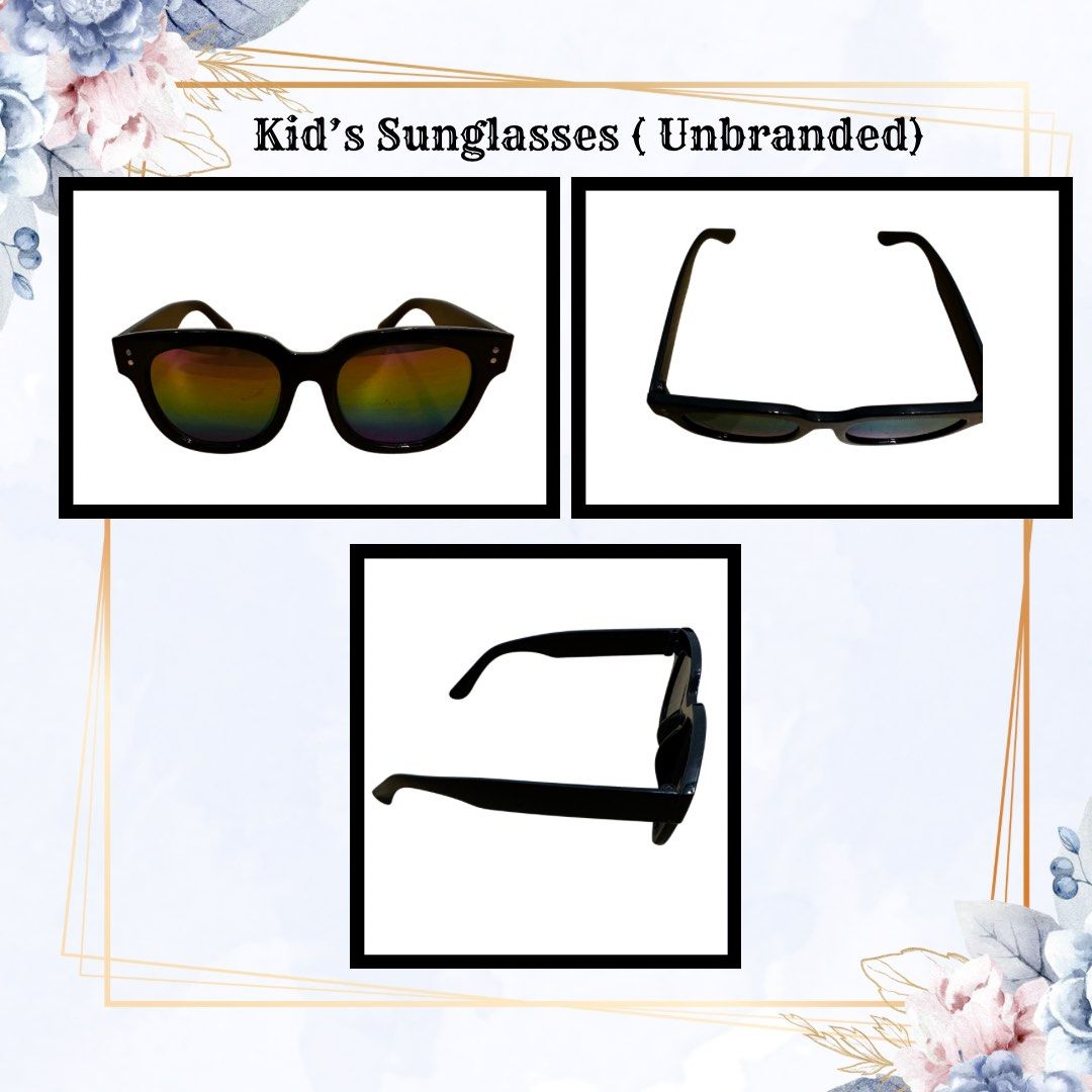Kid's Unbranded Black Sunglasses (Category: Babies & Kids Fashion) located in Paranaque City. Submitted by wawa_ry (Listing ID 1468791490, Image 1). Description: - Color: Black frames with colorful reflective lenses - Material: Durable plastic - Design: Thick temples with a simple everyday style - Fit: Standard kid's size - Condition: Brand new.