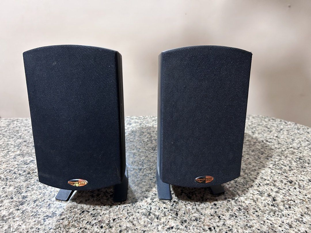 Klipsch THX Satellite Speakers Pair (Category: Soundbars, Speakers & Amplifiers) located in Imus. Submitted by drj37ilas (Listing ID 1468790776, Image 1). Description: - Klipsch THX satellite speakers, black finish - Tested and 100% working condition - Includes original grilles with signature badges and stands - Spring clip speaker wire connections on the back - Minor surface scuffs on housing from normal placement - Perfect for a compact home th