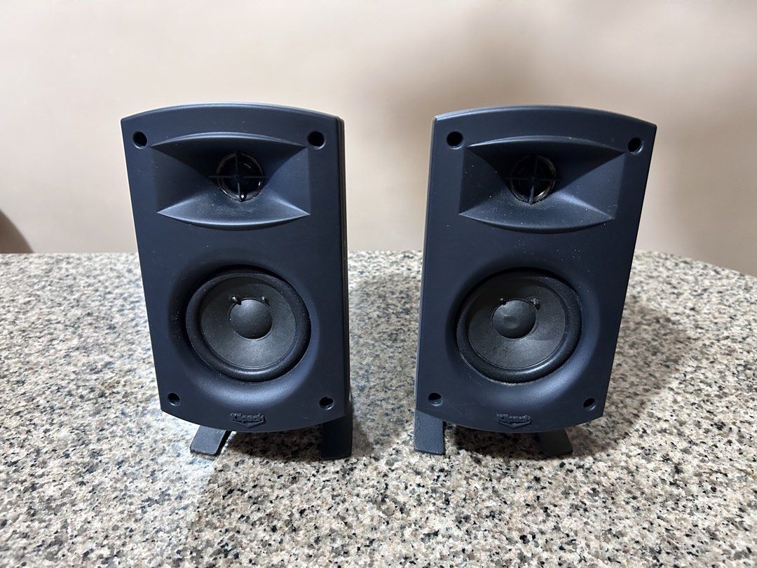 Klipsch THX Satellite Speakers Pair (Category: Soundbars, Speakers & Amplifiers) located in Imus. Submitted by drj37ilas (Listing ID 1468790776, Image 3). Description: - Klipsch THX satellite speakers, black finish - Tested and 100% working condition - Includes original grilles with signature badges and stands - Spring clip speaker wire connections on the back - Minor surface scuffs on housing from normal placement - Perfect for a compact home th