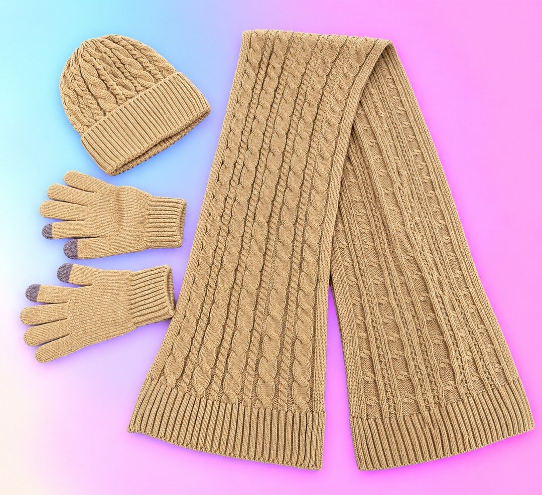 Knit Winter Set Beanie Scarf Touchscreen Gloves Camel (Category: Coats, Jackets and Outerwear) located in Quezon City. Submitted by turtleandfishes (Listing ID 1468720802, Image 1). Description: - 3-piece winter set in a versatile camel brown shade - Includes a chunky cable knit beanie for warmth - Long matching scarf to wrap up comfortably - Touchscreen-compatible gloves with convenient grey fingertips - Perfect for cold weather trips and easily