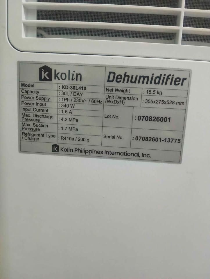 Kolin DEHUMIDIFIER MODEL KD-30L410 (Category: Medical Supplies & Tools) located in Cabuyao City. Submitted by e-v-e-l-y-n (Listing ID 1468730287, Image 2). Description: Kolin DEHUMIDIFIER MODEL KD-30L410 nabili ng august 22 , 2026 almost 2mo. lang nagamit RFS Hindi na ginagamit under warranty pa ng kolin original price : 13,500 down to 8,500 no carton naitapon na. pm na lang po.