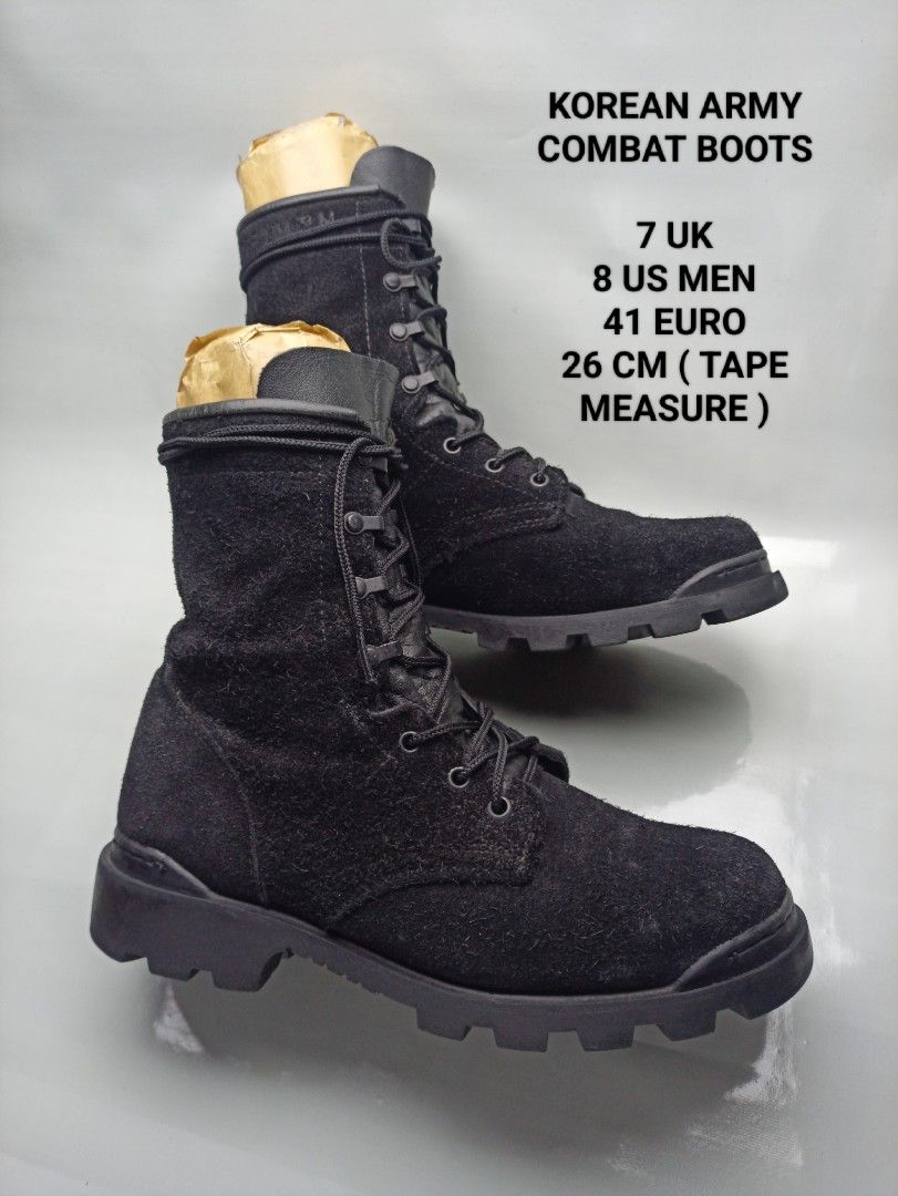 Korean Army Combat Boots Black Suede Size 8 US (Category: Boots) located in Dasmarinas. Submitted by ziapatos (Listing ID 1468846183, Image 1). Description: K∅rean army combat boots in black suede. Size 7 UK, 8 US Men, 41 Euro, 26 cm via tape measure. Rugged rubber lug sole, lace-up front with metal eyelets and hooks. Tough utility style footwear. EXCELLENT CONDITION Php 1,650 ONLY + Sf Mop Via Gcash No Cop / No Cod Cour: J&t , Lbc , Lalamove DM 