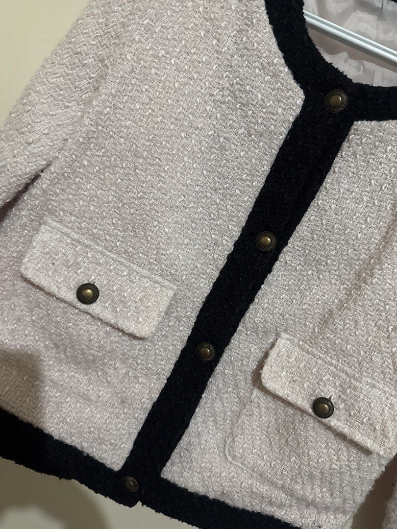 Korean tweed blazer (Category: Coats, Jackets and Outerwear) located in Quezon City. Submitted by brandsetcph (Listing ID 1468788051, Image 2). Description: Tweed blazer Thrifted Very light pink in actual Size: best fit medium (20x21in) Perfect for winter. Used this in Japan.