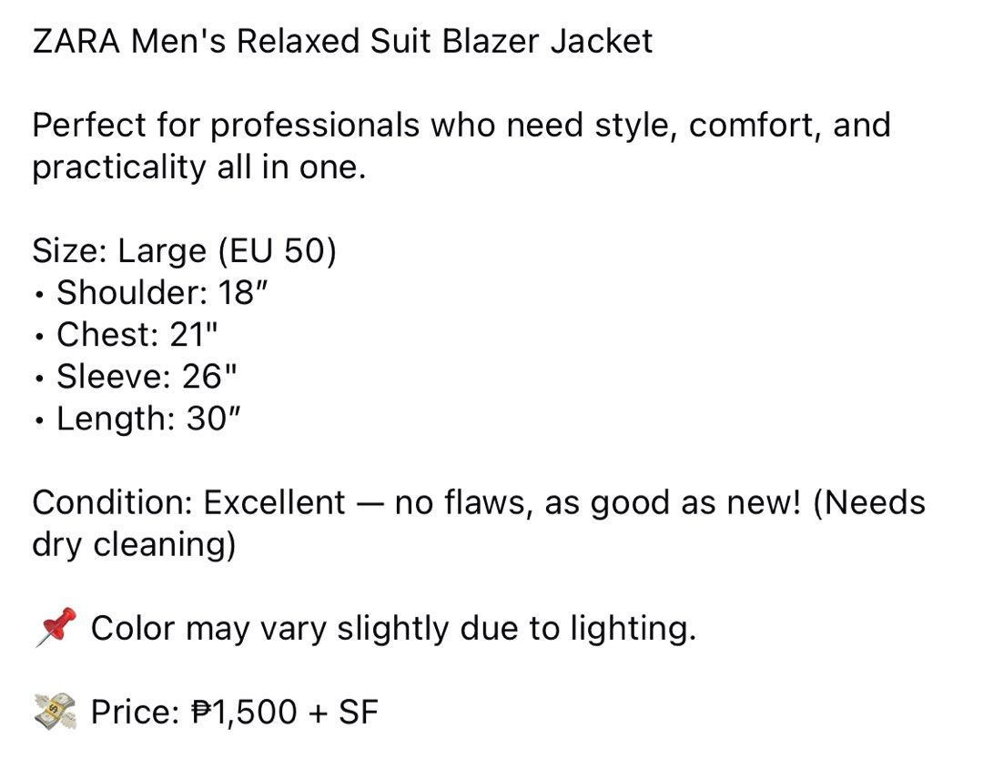 (L) ZARA Men's Comfort Blazer Jacket (Category: Coats, Jackets and Outerwear) located in Bulacan. Submitted by cavalieeeer (Listing ID 1468779934, Image 2). Description: 𝗣𝗟𝗘𝗔𝗦𝗘 𝗥𝗘𝗔𝗗 𝗧𝗛𝗘 𝗗𝗘𝗧𝗔𝗜𝗟𝗦 𝗜𝗡 𝗧𝗛𝗘 𝟮𝗡𝗗 𝗣𝗜𝗖𝗧𝗨𝗥𝗘! We base sizing on actual measurements, not tag size — please check the dimensions before buying! 📌 Prices are fixed. Unreasonable offers will not be entertained. 🌐 Facebook Page: Cavalier 📍 Location
