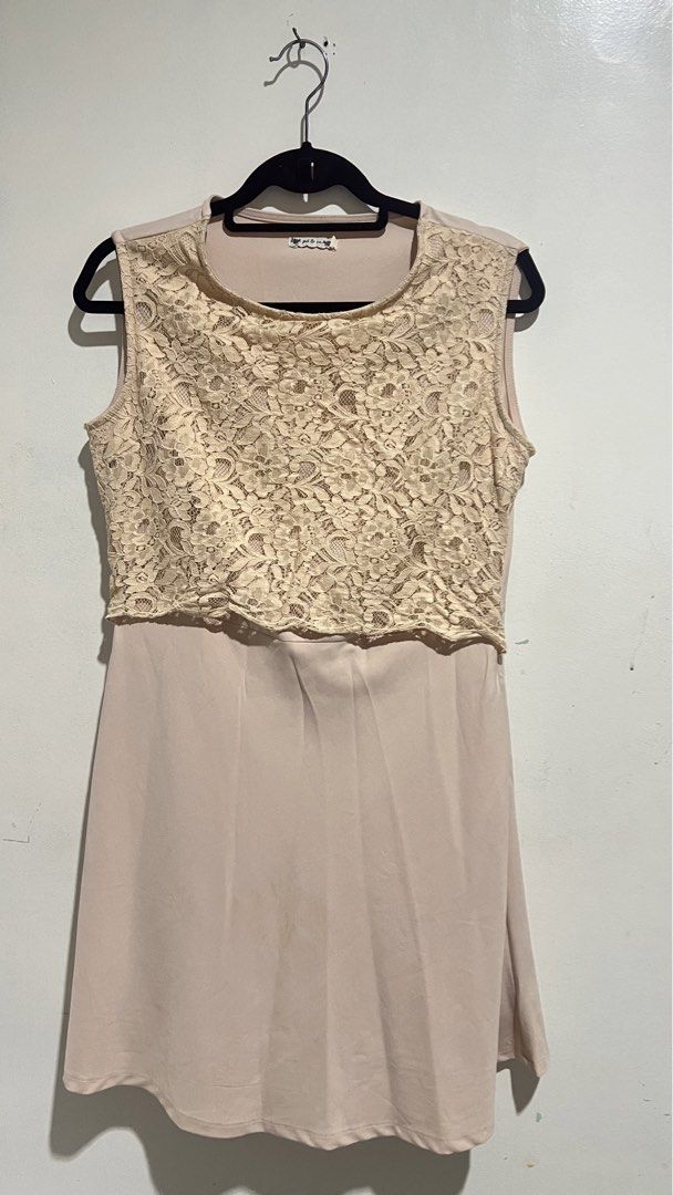 lace top dress (Category: Dresses) located in Cabuyao City. Submitted by calmstorm.0108 (Listing ID 1468836623, Image 1). Description: - Brand: PD & Co - Size: Large - Color: Nude pink with cream floral lace overlay - Style: Sleeveless, round neckline, smooth flowing skirt - Condition: Excellent, tag intact at inner collar - Perfect for: Casual wear, dates, or weekend events.