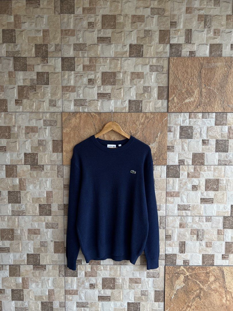 LACOSTE - WAFFLE TEXTURE SWEATER (Category: Coats, Jackets and Outerwear) located in Bacolod City. Submitted by timelessbyjosh (Listing ID 1468827144, Image 1). Description: BEST FOR CASUAL & COZY OUTFITS SIZE : FR 4 / MEDIUM ACTUAL COLOR : DARK BLUE COLOR RATE : 10 OUT OF 10 CONDITION : NEAR NEW MATERIAL : MADE IN : FLAWS : REMOVED WASH TAG ( GUARANTEED AUTHENTHIC ) DIMENSIONS LENGTH - 27 WIDTH ( ARMPIT TO ARMPIT ) - 24 SHOULDER TO SHOULDER - 22