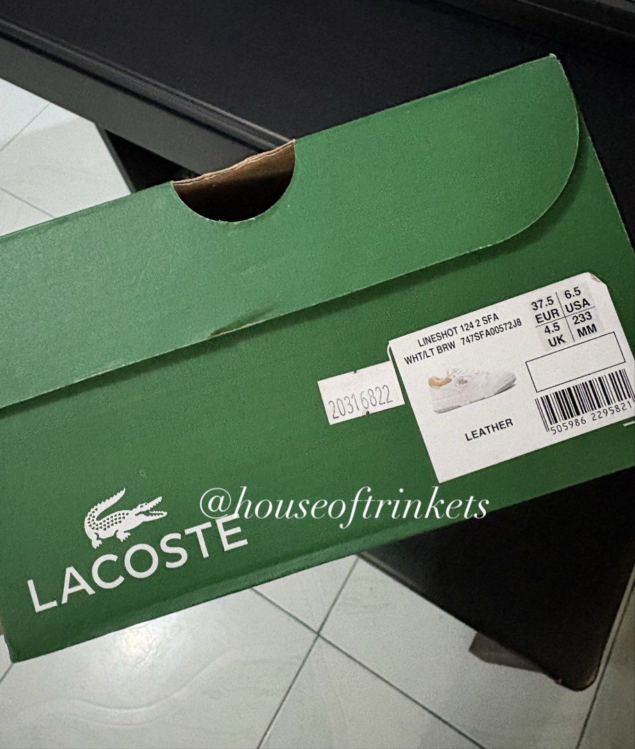 Lacoste Lineshot 124 Leather shoes (Category: Sneakers) located in Malabon City. Submitted by houseoftrinkets (Listing ID 1468716087, Image 2). Description: Color: White/Light brown Size: 6.5 US/37.5 EUR Used twice Orig price is ₱7,500 only selling it for ₱4,000- still nego Comes with box.