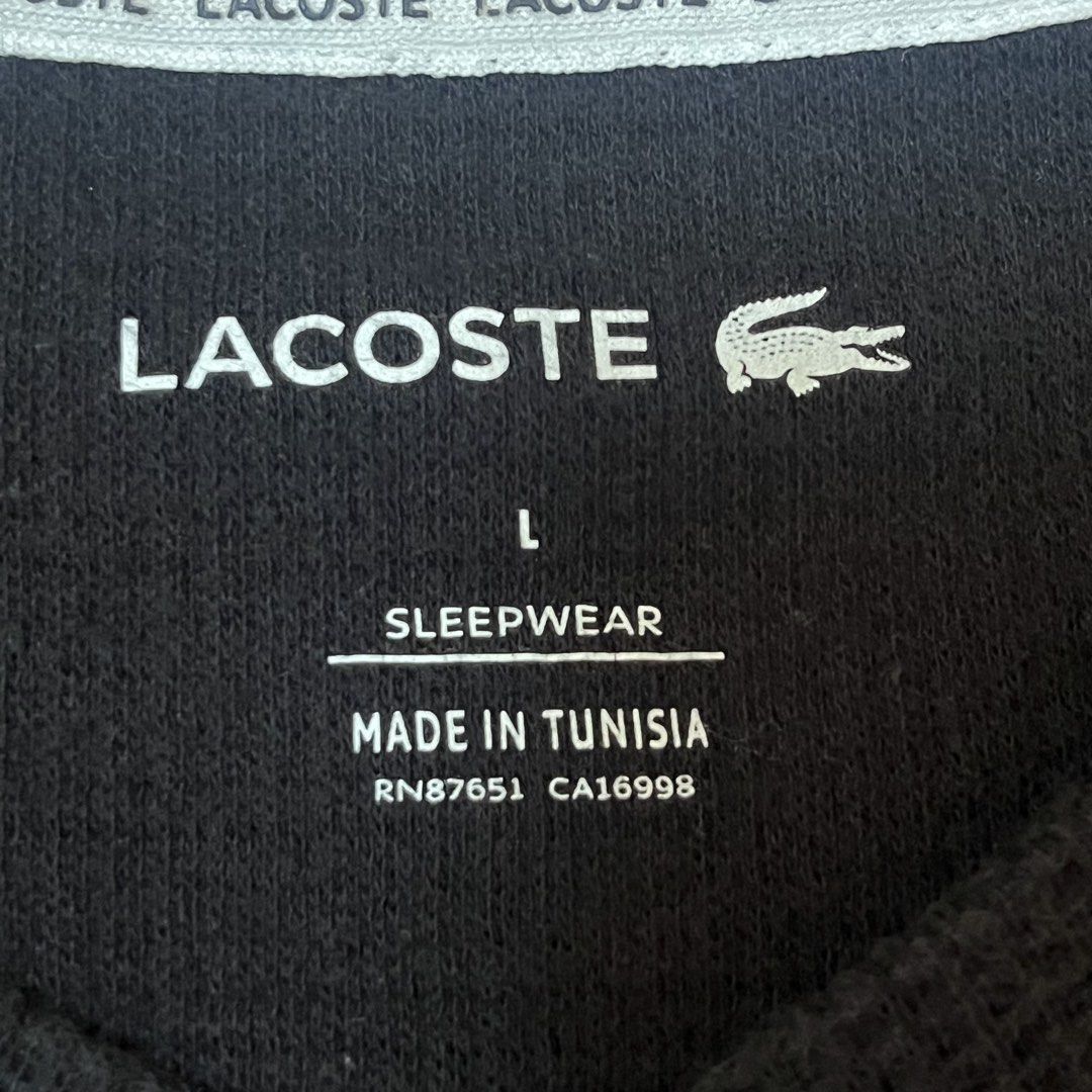 Lacoste Sleepwear Waffle-knit (Category: Sleep and Loungewear) located in Manila. Submitted by TheGoodFind99 (Listing ID 1468769255, Image 3). Description: Lacoste Sleepwear Waffle-knit (Authentic) PHP: 680 Free-ship Size on Tag: Large Excellent Condition Black na black Dimes: Length: 28” Inches Width (Pit to Pit): 22” Inches Sleeve Length: 26” Inches Issues: Needs wash cos nakatambak lang. RFS: Declutter Loc: QC, Gilmore/E. Rodriguez .