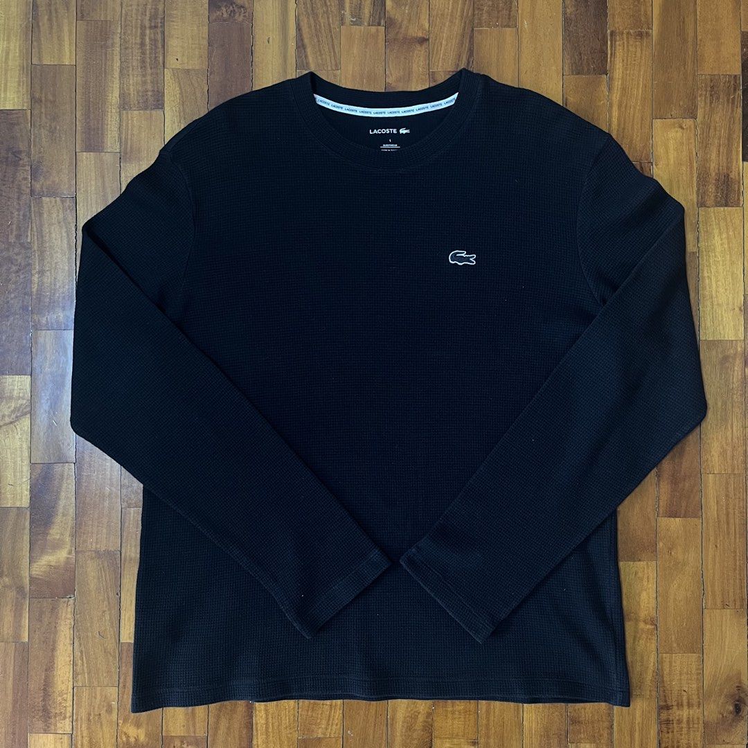 Lacoste Sleepwear Waffle-knit (Category: Sleep and Loungewear) located in Manila. Submitted by TheGoodFind99 (Listing ID 1468769255, Image 1). Description: Lacoste Sleepwear Waffle-knit (Authentic) PHP: 680 Free-ship Size on Tag: Large Excellent Condition Black na black Dimes: Length: 28” Inches Width (Pit to Pit): 22” Inches Sleeve Length: 26” Inches Issues: Needs wash cos nakatambak lang. RFS: Declutter Loc: QC, Gilmore/E. Rodriguez .