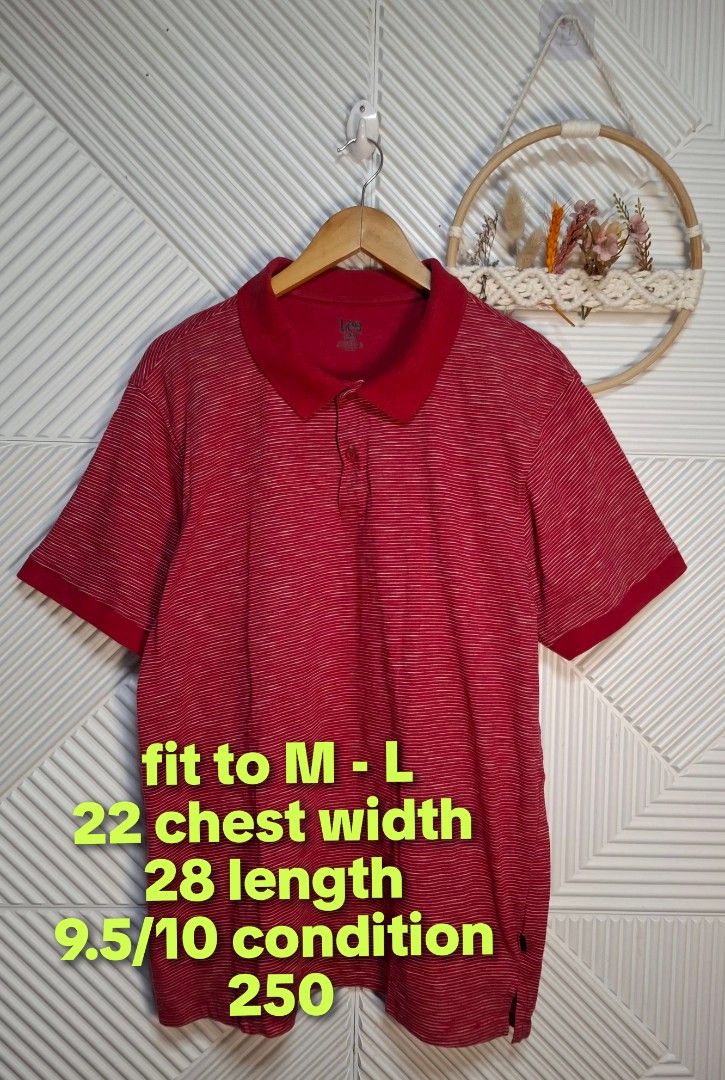Lee Red Striped Polo Shirt (Category: Tshirts & Polo Shirts ) located in Bulacan. Submitted by cathycampo51092 (Listing ID 1468726520, Image 2). Description: - Color/Pattern: Red with subtle thin stripes all over - Fit: Comfortable fit for Medium to Large frames - Measurements: 22 inches chest width, 28 inches length - Design: Classic collar neck with button placket and short sleeves - Style: Versatile casual staple for everyday wear.