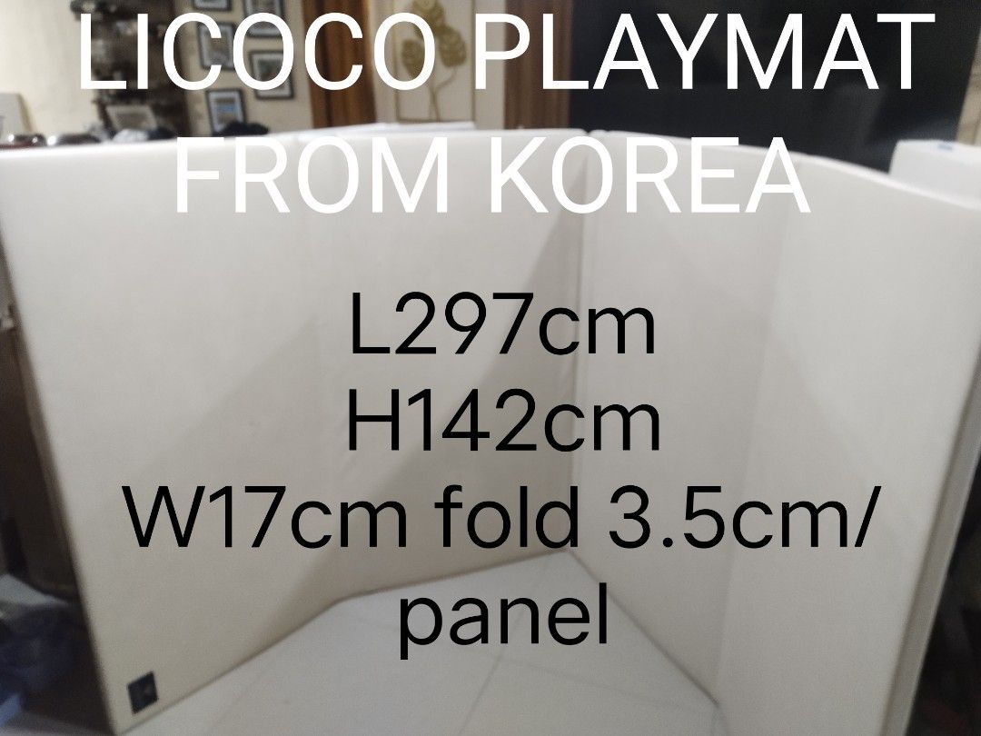 Licoco Playmat From Korea (Category: Infant Playtime) located in Cavite. Submitted by dimple082 (Listing ID 1468771066, Image 2). Description: - 100% Authentic Licoco playmat, imported directly from Korea - Spacious dimensions: 297cm length x 142cm width - Ultra-thick 3.5cm per panel (17cm total fold) for maximum safety and impact absorption - Stylish white folding foam mat, perfect for a clean and modern kids' play area setup - Provides safe, co