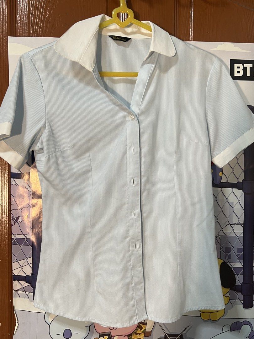 Light Blue White Striped Collared Short Sleeve Blouse (Category: Blouses) located in Marikina City. Submitted by yssacee (Listing ID 1468899530, Image 3). Description: - Light blue and white striped blouse. - Short sleeves with contrasting white cuffs and collar. Length measures around 27 inches. - great quality and feels nice to wear - Standard fit for everyday wear or casual office settings. -pm for more inquiries/photos - fits xs-s womens - RF