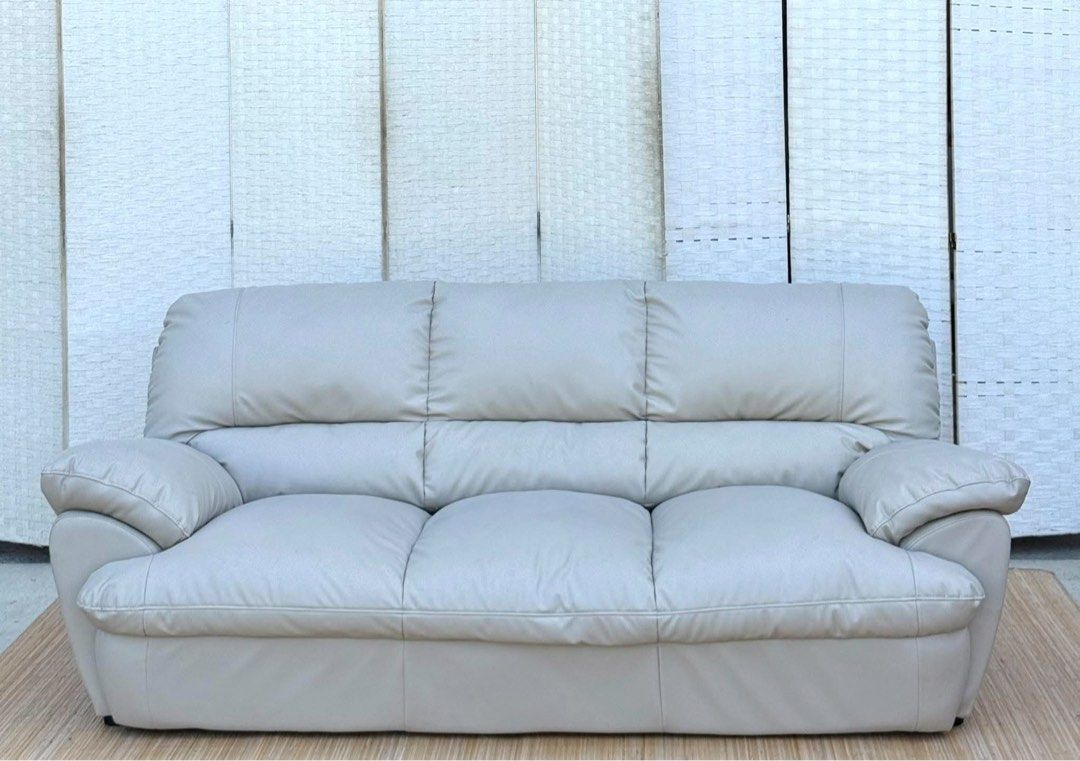 Light Grey 3-Seater Leather Sofa (Category: Sofas) located in Manila. Submitted by justinlei.103 (Listing ID 1468838457, Image 2). Description: JAPAN SURPLUS 3 SEATER NITORI LEATHER SOFA IN GOOD CONDITION SIZE: 16.5H x 75L x 34W inches.
