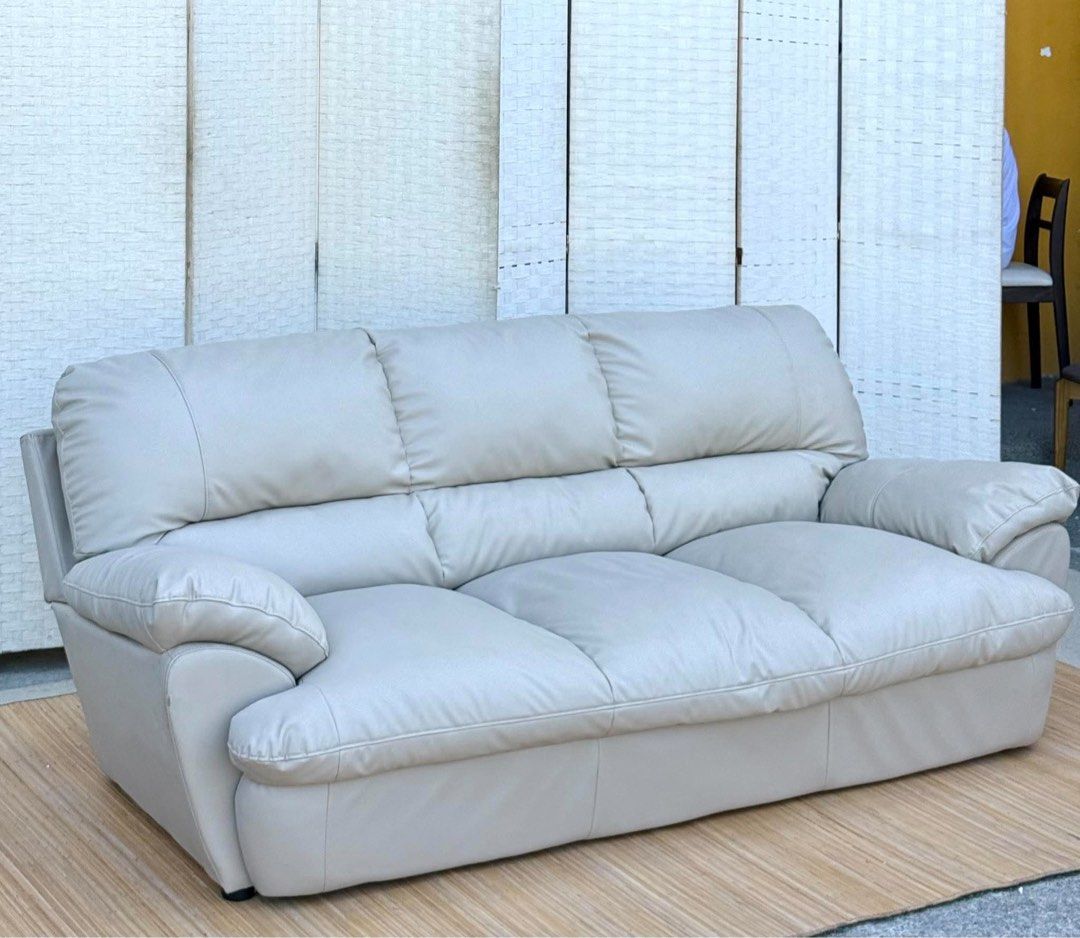 Light Grey Leather 3-Seater Sofa (Category: Sofas) located in Manila. Submitted by justinlei.103 (Listing ID 1468807388, Image 2). Description: JAPAN SURPLUS 3 SEATER NITORI LEATHER SOFA IN GOOD CONDITION SIZE: 16.5H x 75L x 34W inches.