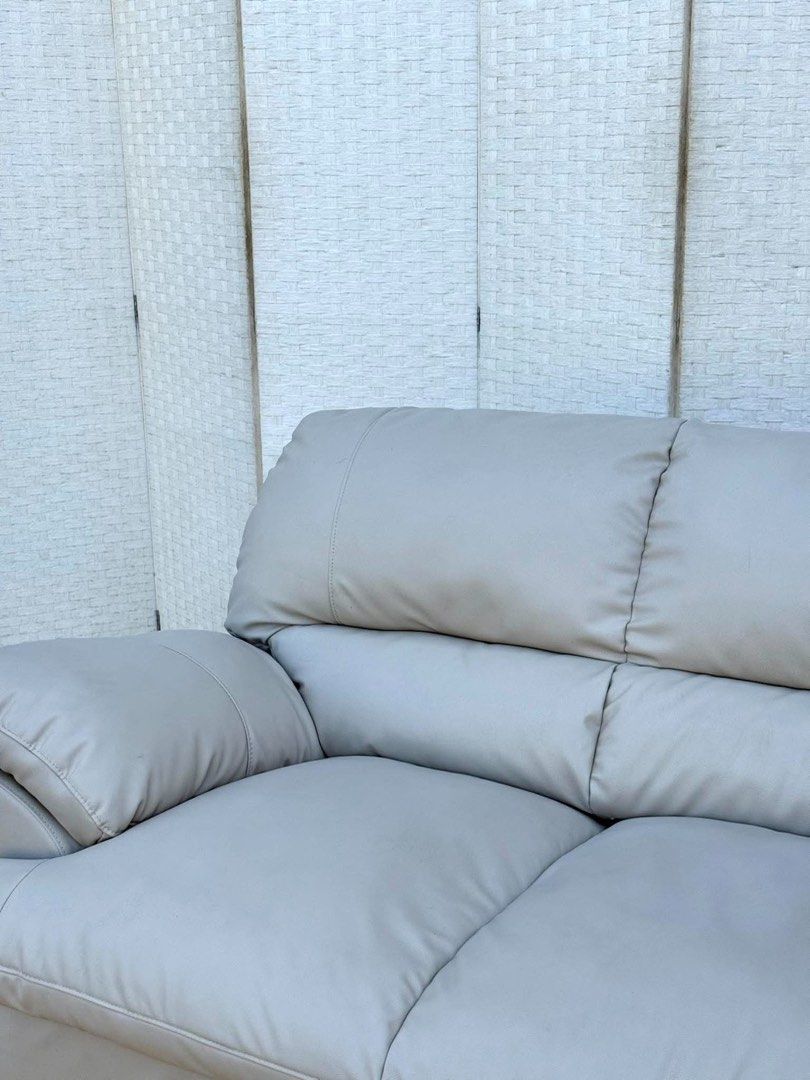 Light Grey Leather 3-Seater Sofa (Category: Sofas) located in Manila. Submitted by justinlei.103 (Listing ID 1468807388, Image 3). Description: JAPAN SURPLUS 3 SEATER NITORI LEATHER SOFA IN GOOD CONDITION SIZE: 16.5H x 75L x 34W inches.