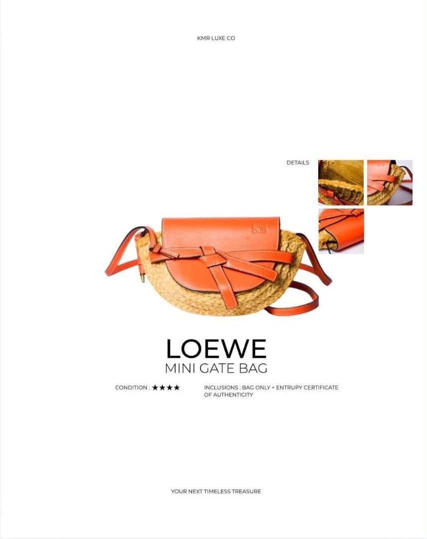 Loewe Mini Gate Bag Orange Straw Leather (Category: Cross-body Bags) located in Caloocan City. Submitted by jb_canillas (Listing ID 1468832082, Image 1). Description: - Authentic Loewe Mini Gate Bag - Vibrant orange leather paired with natural straw - Compact crossbody style with signature knotted front strap - Structured saddle silhouette - Includes bag and Entrupy certificate of authenticity - Great for summer outfits and daily errands - DM for
