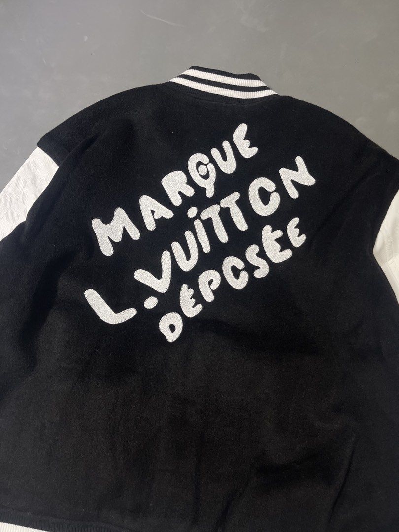 Louis Vuitton Monogram Pearl Varsity Bomber Jacket (Category: Coats, Jackets and Outerwear) located in Manila. Submitted by mine2ownit (Listing ID 1468793793, Image 2). Description: - Size: M - Material: Premium black wool body with genuine white leather sleeves - Design: Large beaded LV chest logo with script signature embroidery and bold marquee typography on the back - Details: Snap button closure, classic striped ribbed collar, cuffs, and hem