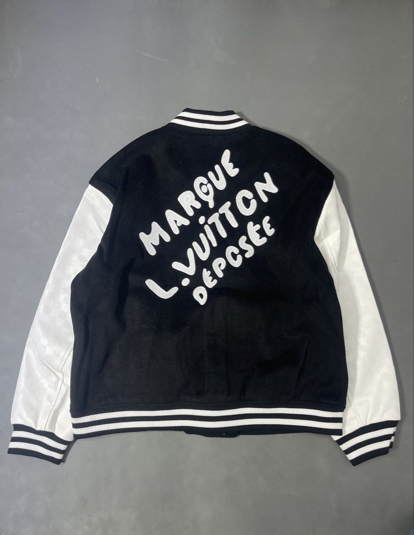 Louis Vuitton Monogram Pearl Varsity Bomber Jacket (Category: Coats, Jackets and Outerwear) located in Manila. Submitted by mine2ownit (Listing ID 1468793793, Image 1). Description: - Size: M - Material: Premium black wool body with genuine white leather sleeves - Design: Large beaded LV chest logo with script signature embroidery and bold marquee typography on the back - Details: Snap button closure, classic striped ribbed collar, cuffs, and hem