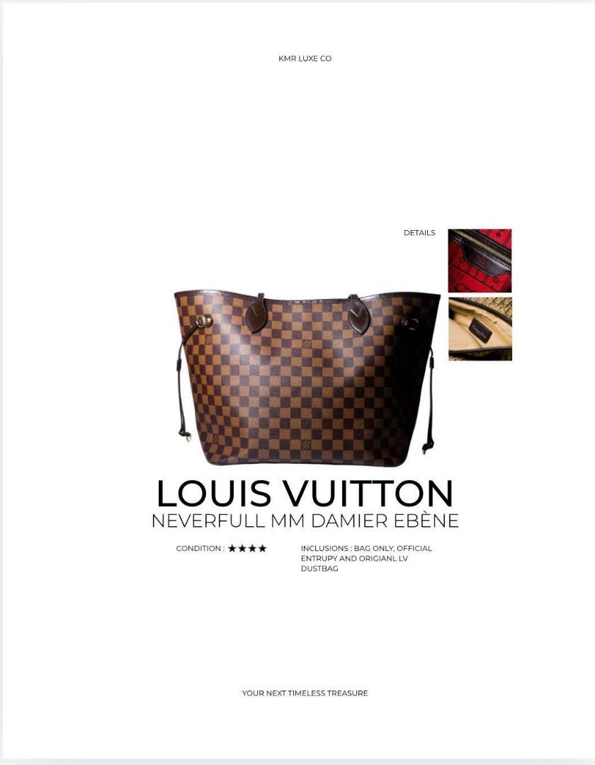 Louis Vuitton Neverfull MM Damier Ebene (Category: Luxury Bags & Wallets) located in Caloocan City. Submitted by truewater_cf3523 (Listing ID 1468833532, Image 1). Description: - Brand: Louis Vuitton - Model: Neverfull MM - Material: Damier Ebene canvas with dark brown leather trim - Interior: Bright red textile lining with zippered pocket - Features: Structured shape and adjustable side laces - Inclusions: Original LV dustbag and official Entrup