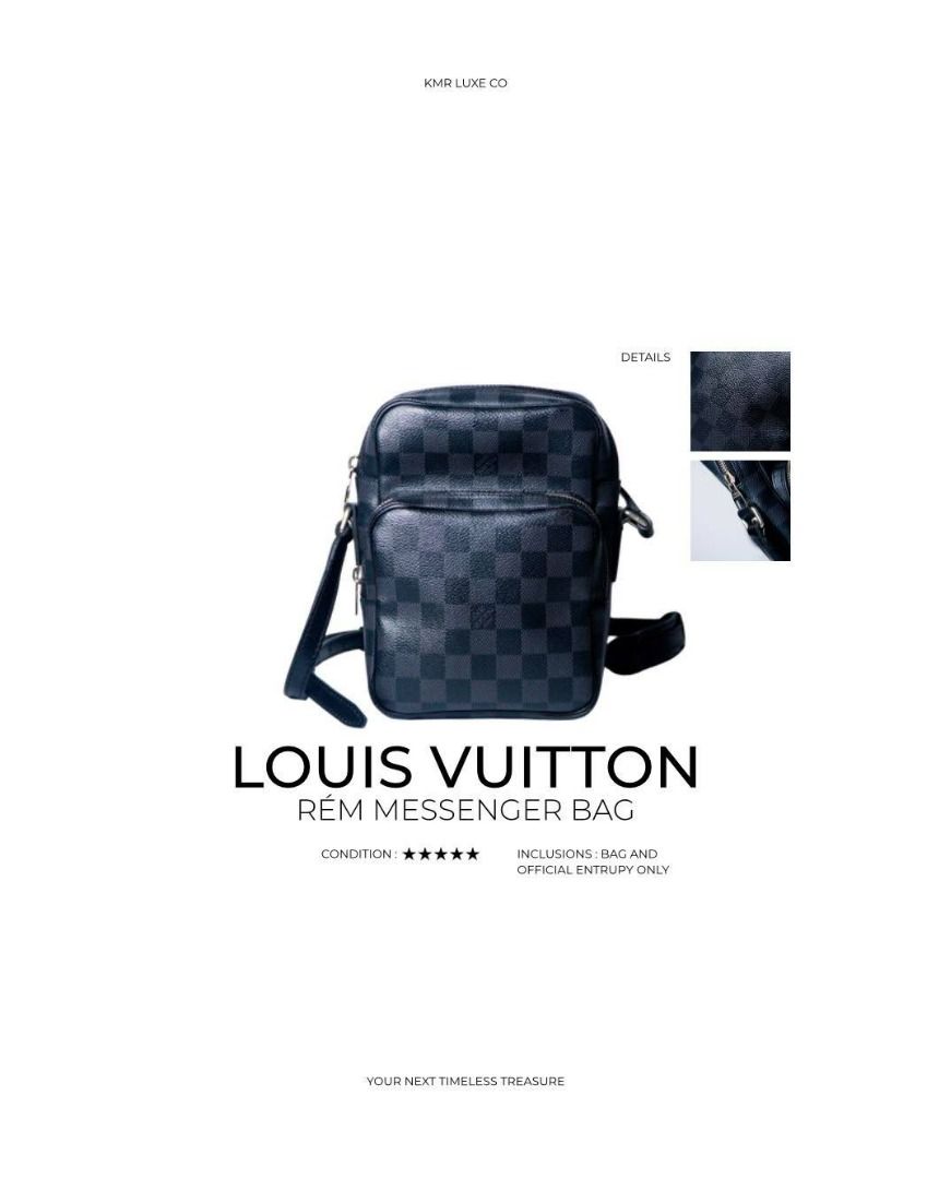 Louis Vuitton Rém Messenger Bag Damier Graphite (Category: Luxury Bags & Wallets) located in Caloocan City. Submitted by truewater_cf3523 (Listing ID 1468834775, Image 1). Description: - Authentic Louis Vuitton Rém messenger bag in dark Damier Infini checkered leather - Compact and lightweight everyday crossbody style, perfect for phone, wallet, and keys - Features a convenient front zip pocket and an adjustable strap for comfort - Includes the b
