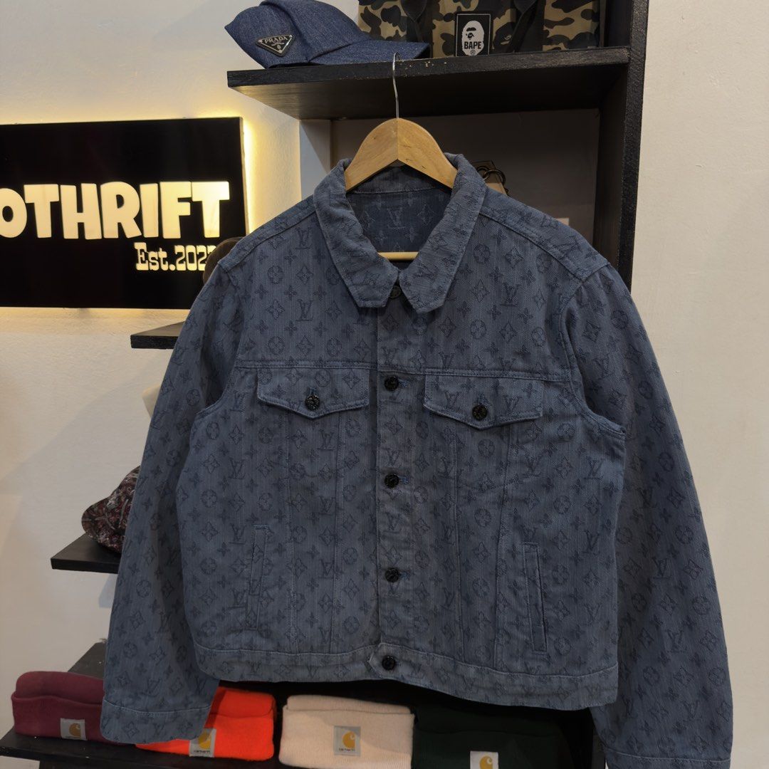 LV Monogram Denim Jacket (Category: Coats, Jackets and Outerwear) located in Manila. Submitted by jerichomal82553 (Listing ID 1468913702, Image 2). Description: LV Monogram Denim Jacket 23 by 24 Good Condition Complete Tags CLAIM 2500.