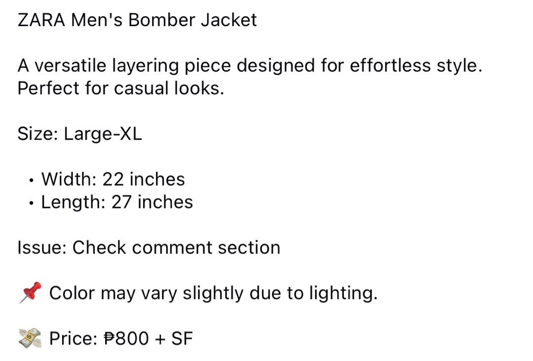 (L-XL) ZARA Men's Bomber Jacket (Category: Coats, Jackets and Outerwear) located in Bulacan. Submitted by cavalieeeer (Listing ID 1468782652, Image 2). Description: 𝗣𝗟𝗘𝗔𝗦𝗘 𝗥𝗘𝗔𝗗 𝗧𝗛𝗘 𝗗𝗘𝗧𝗔𝗜𝗟𝗦 𝗜𝗡 𝗧𝗛𝗘 𝟮𝗡𝗗 𝗣𝗜𝗖𝗧𝗨𝗥𝗘! We base sizing on actual measurements, not tag size — please check the dimensions before buying! 📌 Prices are fixed. Unreasonable offers will not be entertained. 🌐 Facebook Page: Cavalier 📍 Location: SJD