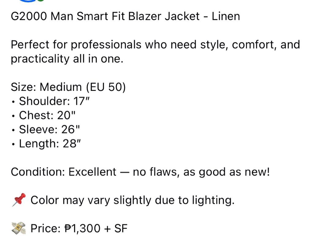 (M) G2000 Man Linen Blazer Jacket (Category: Coats, Jackets and Outerwear) located in Bulacan. Submitted by cavalieeeer (Listing ID 1468777525, Image 2). Description: 𝗣𝗟𝗘𝗔𝗦𝗘 𝗥𝗘𝗔𝗗 𝗧𝗛𝗘 𝗗𝗘𝗧𝗔𝗜𝗟𝗦 𝗜𝗡 𝗧𝗛𝗘 𝟮𝗡𝗗 𝗣𝗜𝗖𝗧𝗨𝗥𝗘! We base sizing on actual measurements, not tag size — please check the dimensions before buying! 📌 Prices are fixed. Unreasonable offers will not be entertained. 🌐 Facebook Page: Cavalier 📍 Location: S