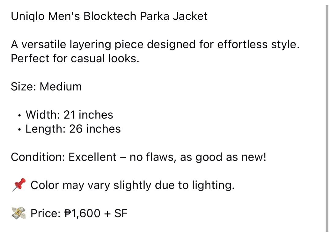 (M) Uniqlo Men's Blocktech Parka Jacket (Category: Coats, Jackets and Outerwear) located in Bulacan. Submitted by cavalieeeer (Listing ID 1468785043, Image 2). Description: 𝗣𝗟𝗘𝗔𝗦𝗘 𝗥𝗘𝗔𝗗 𝗧𝗛𝗘 𝗗𝗘𝗧𝗔𝗜𝗟𝗦 𝗜𝗡 𝗧𝗛𝗘 𝟮𝗡𝗗 𝗣𝗜𝗖𝗧𝗨𝗥𝗘! We base sizing on actual measurements, not tag size — please check the dimensions before buying! 📌 Prices are fixed. Unreasonable offers will not be entertained. 🌐 Facebook Page: Cavalier 📍 Locat