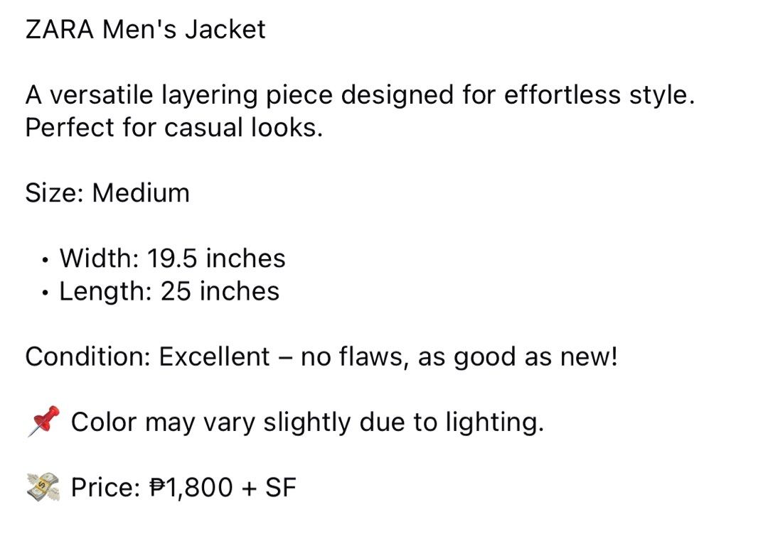 (M) ZARA Men's Jacket (Category: Coats, Jackets and Outerwear) located in Bulacan. Submitted by cavalieeeer (Listing ID 1468789224, Image 2). Description: 𝗣𝗟𝗘𝗔𝗦𝗘 𝗥𝗘𝗔𝗗 𝗧𝗛𝗘 𝗗𝗘𝗧𝗔𝗜𝗟𝗦 𝗜𝗡 𝗧𝗛𝗘 𝟮𝗡𝗗 𝗣𝗜𝗖𝗧𝗨𝗥𝗘! We base sizing on actual measurements, not tag size — please check the dimensions before buying! 📌 Prices are fixed. Unreasonable offers will not be entertained. 🌐 Facebook Page: Cavalier 📍 Location: SJDM, Bulacan