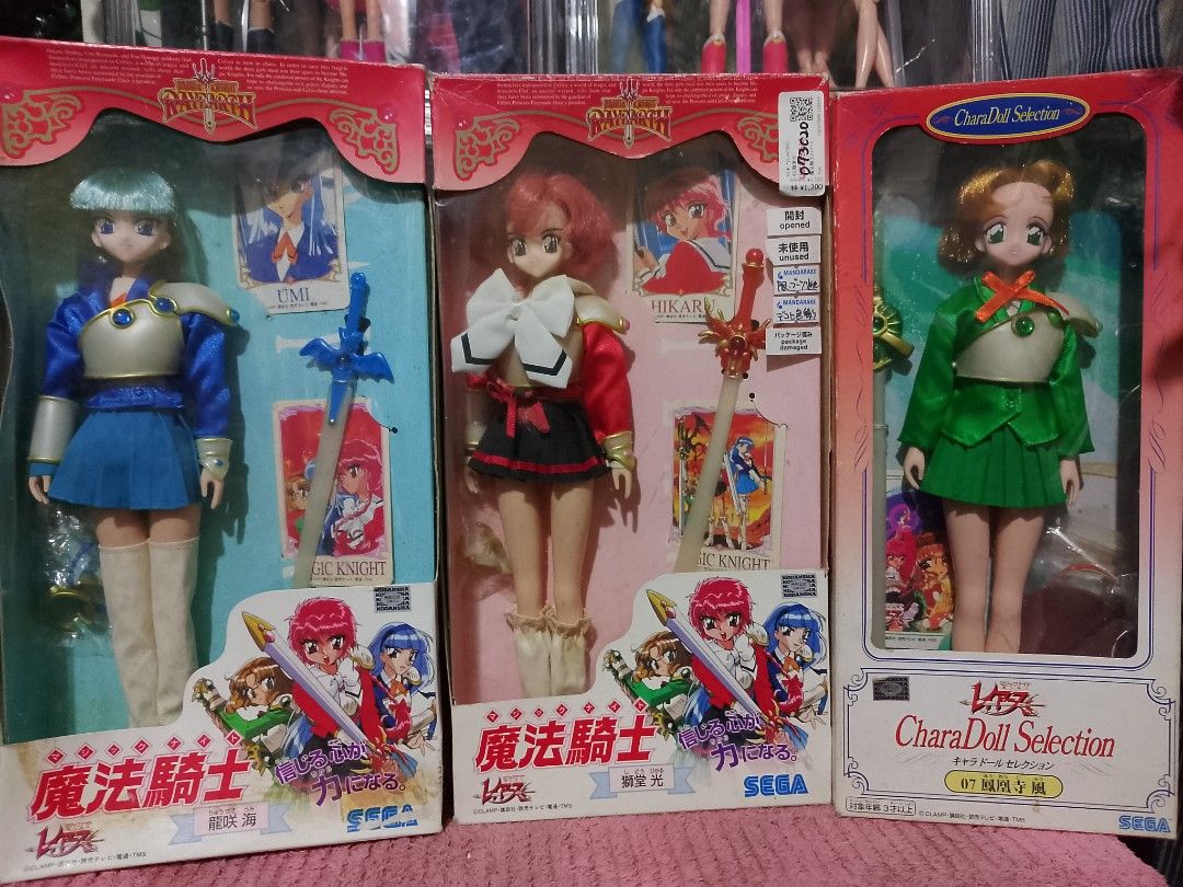Magic Knight Rayearth CharaDoll Selection Figures SEGA Clamp (Category: Figurines & Statues) located in Bacoor. Submitted by barbiesauurrr (Listing ID 1468869475, Image 1). Description: - Complete Set: Includes Hikaru Shidou, Umi Ryuuzaki, and Fuu Hououji dolls by SEGA and Clamp. - Authenticity: Vintage 90s anime collectibles complete with original packaging, weapons, and character cards. - Condition: Figures are brand new and securely attached t