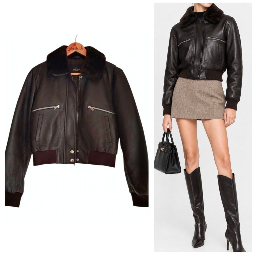 MAJE Paris Blackish brown Sheep skin Leather Bomber Jacket (Category: Luxury Apparel) located in Caloocan City. Submitted by modishthriftstore (Listing ID 1464034202, Image 1). Description: Sheep skin Leather Good as New/ Like New No Issues/ Flawless, Not Faded, Prettier in Actual Heart Evangelista Vibe! 😍 S:17 inches Pit to pit :19 Bottom with:15 Length:21 Body Lining: Polyester Pocket lining: cotton size 38 on Tag S-M Size Perfect for taller l