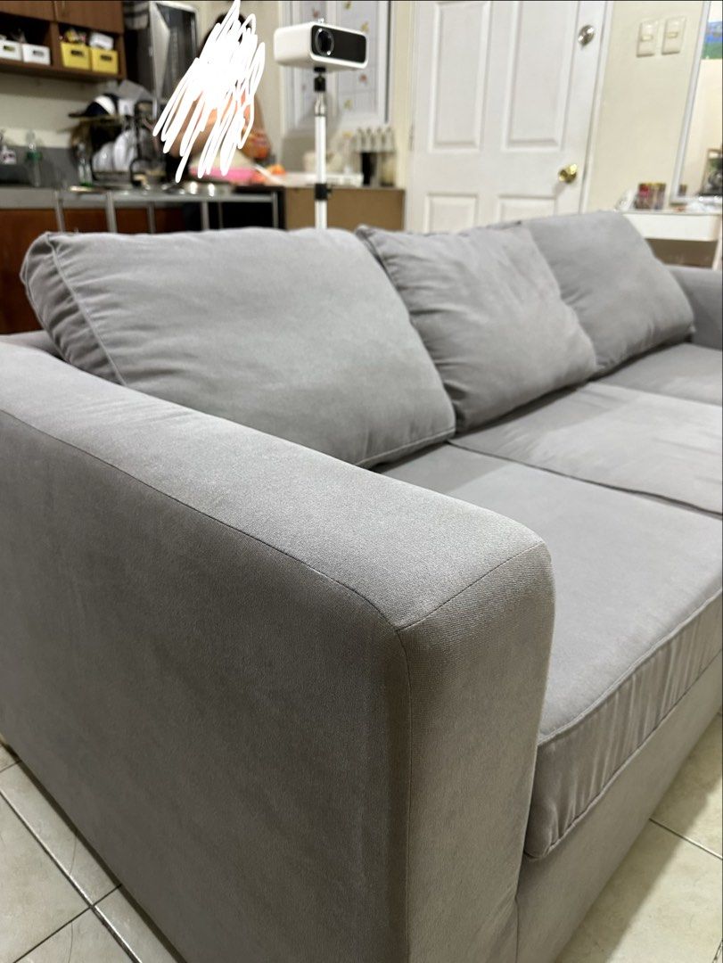 Mandaue Grey 3-Seater Fabric Sofa with Cushions (Category: Sofas) located in Taguig. Submitted by appatheseller (Listing ID 1468789621, Image 3). Description: Mandaue sofa Bought 21k+ RFS: need funds - Type: 3-Seater Sofa - Material: Durable grey fabric - Comfort: Deep seating with thick seat cushions - Includes: 3 matching back cushions & pillows - Design: Clean lines with sturdy armrests, fits most living rooms.