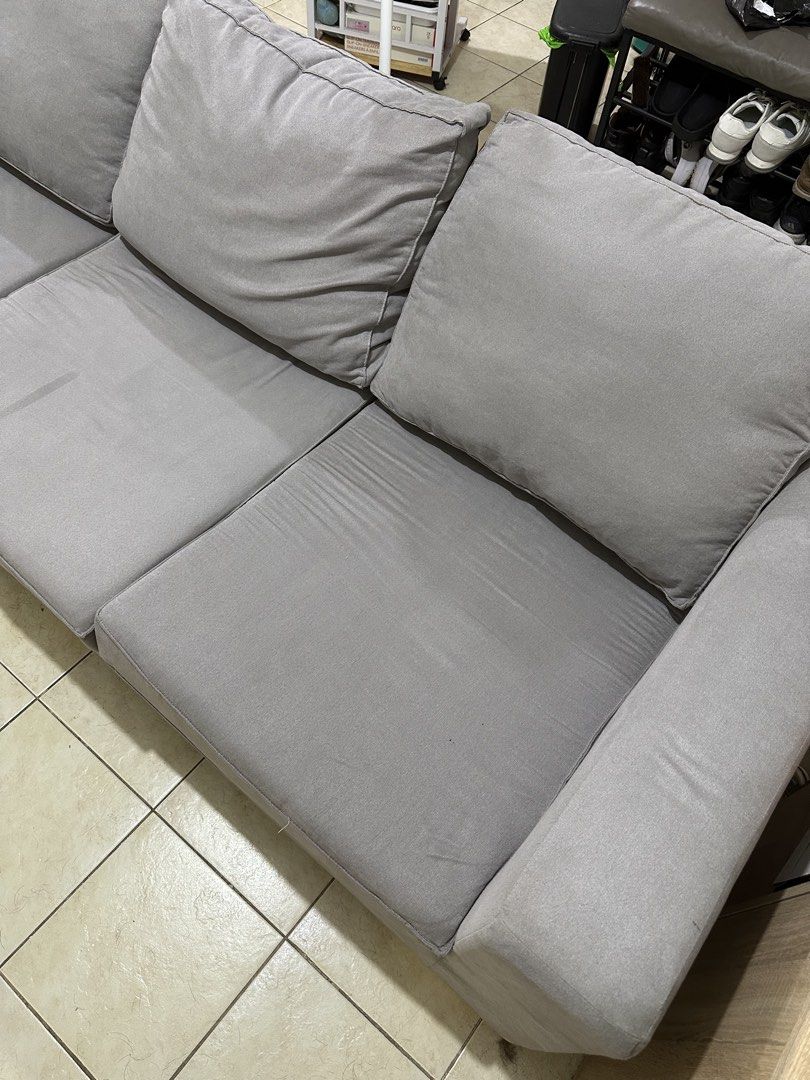 Mandaue Grey 3-Seater Fabric Sofa with Cushions (Category: Sofas) located in Taguig. Submitted by appatheseller (Listing ID 1468789621, Image 2). Description: Mandaue sofa Bought 21k+ RFS: need funds - Type: 3-Seater Sofa - Material: Durable grey fabric - Comfort: Deep seating with thick seat cushions - Includes: 3 matching back cushions & pillows - Design: Clean lines with sturdy armrests, fits most living rooms.