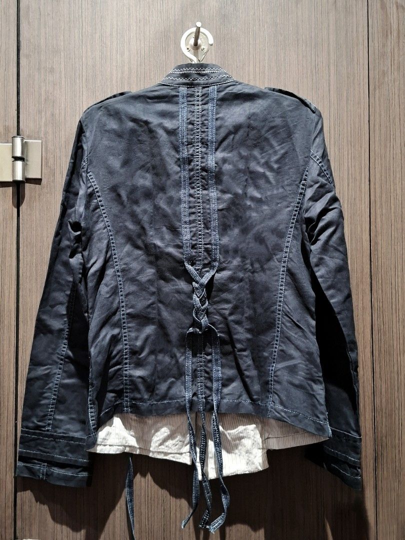 Marithe Francois Girbaud 90'S Avante Garde Lace Up Back Jacket (Guaranteed Authentic) (Category: Coats, Jackets and Outerwear) located in Pasig City. Submitted by coveted.mnl (Listing ID 1468881703, Image 2). Description: Guaranteed Authentic📌 No issue whatsoever, all details posted~ Needs good ironing lang, not faded🤍 Best fit to: Small Width : 16 Length : 24 (MEASURED BY INCHES) 9.5/10 overall condition • P5,400 Slightly negotiable • Pasig Ci