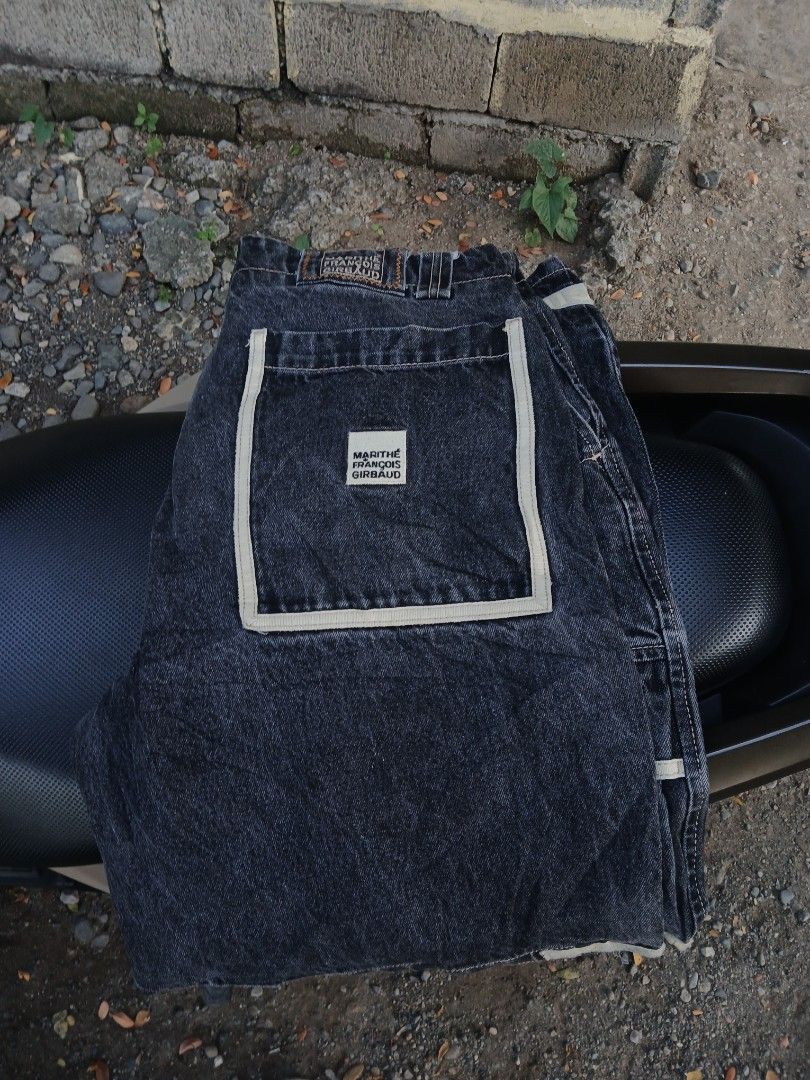Marithe Francois Girbaud Denim Pants Size 36 (Category: Jeans) located in San Jose. Submitted by garments17 (Listing ID 1468926655, Image 2). Description: - Brand: Marithé François Girbaud - Style: Dark wash denim jeans with statement white contrast tape detailing - Size: Tagged size 36 on inner label - Material: 100% cotton, Made in China - Features: Button fly, multiple functional cargo pockets, and back pocket patch - Condition: Excellent pre-