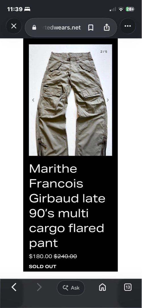 Marithe Francois Girbaud late 90’s multi cargo flared pants (Category: Jeans) located in Quezon City. Submitted by renovare.196 (Listing ID 1468884731, Image 3). Description: Marithe Francois Girbaud late 90’s multi cargo flared pants Excellent Condition Color Rate: 9.5/10 No Issue Measurements • Width: 30 • Length: 41 • Thigh: 12.5 • Hem: 8.5/10 Price: 3500 obo DM IF INTERESTED📥.